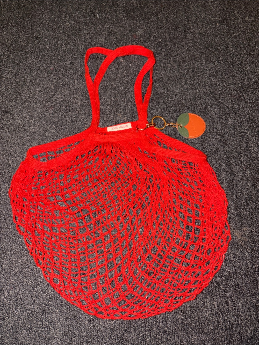 JOSIE MARAN Red Mesh Market Tote with Decorative Tag